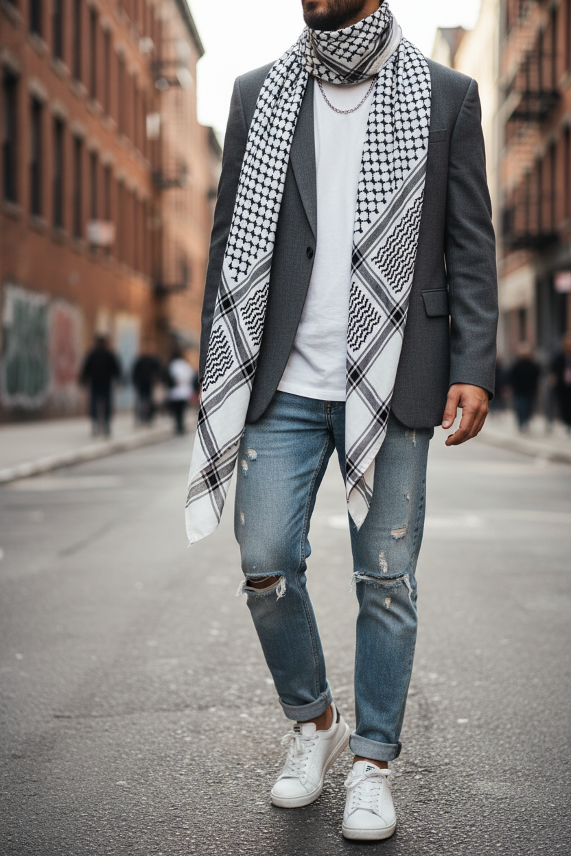 Keffiyeh palestinese nero e bianco indossata in stile urbano moderno