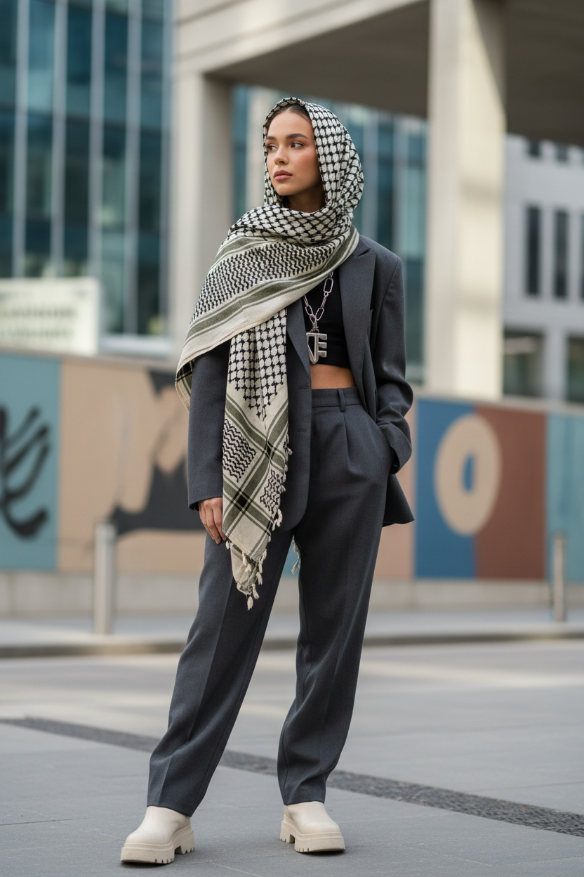 Keffiyeh palestinese verde indossata in contesto urbano